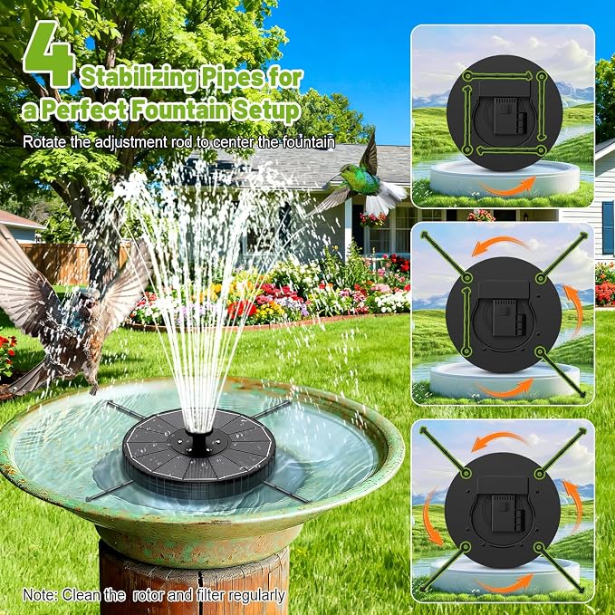 Solar Fountain with 3 Spray Height, Colorful Led Lights, 3.5W Glass Solar Bird Bath Water Fountain with 2000mAh Battery, 4 Rotating Rods and 7 Nozzles for Hummingbird Bathing, Outdoor Decor