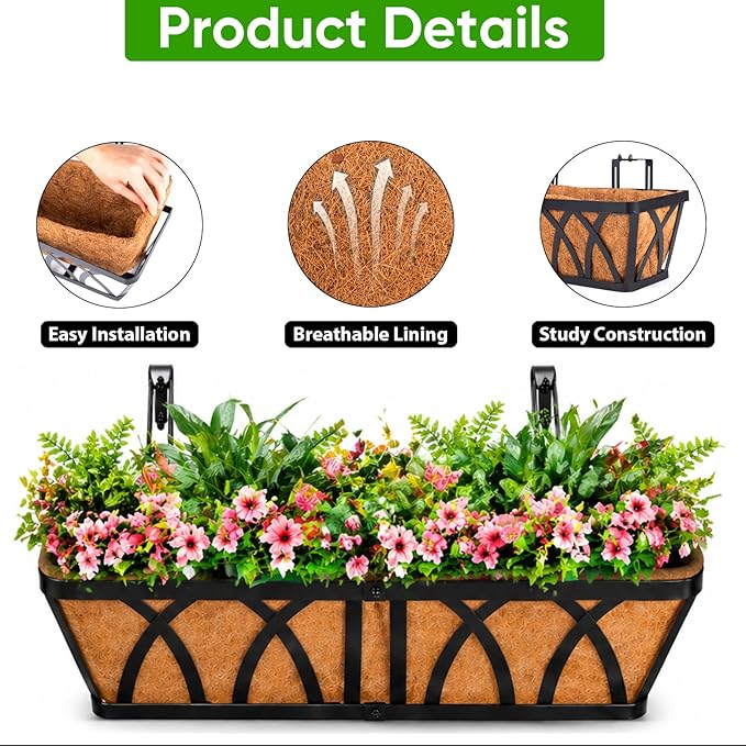 HKZ Deck Balcony Railing Planter Window Boxes - 3 Pack 24 Inch Planter Box, Balcony Planters Railing Hanging, Window Boxes Outdoor Fence Planters