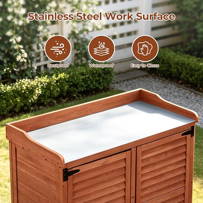 Outdoor Garden Storage Cabinet with Potting Bench, Wood Cabinet with Metal Top, Planting Workstation Table for Patio, Backyard and Garden Tools (Brown)