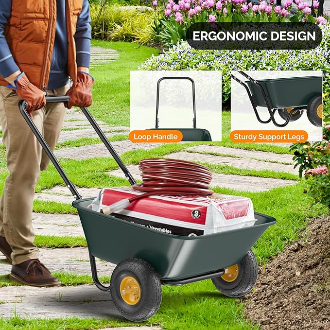 VINGLI 2 Wheel Wheelbarrow, Plastic and Steel Wheel Barrel, 330lbs Capacity Garden Cart for Lawn, Gardening, Construction
