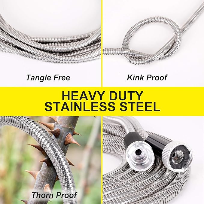 Stainless Steel Garden Hose 75 ft - Metal Water Hose with 2 Nozzles, Lightweight, Tangle Free & Kink Free, Heavy Duty, High Pressure, Flexible, Dog Proof