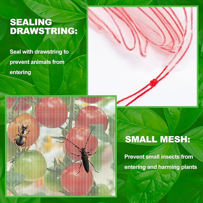 4Pcs Bird Netting for Garden Protection, Garden Netting Pest Barrier with Drawstring, Mosquito Net Tomato Protective Cover, Garden Plant Netting for Cicadas Vegetables Blueberry 4.6 x 3.5 FT