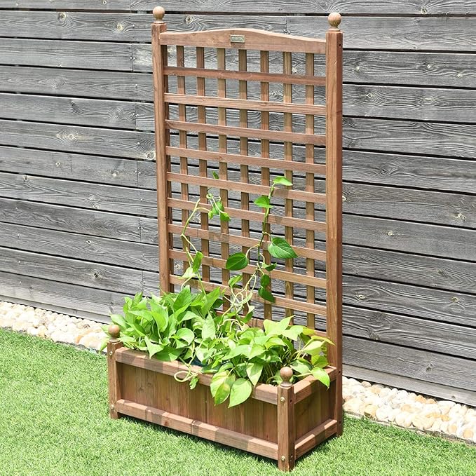 Giantex Set of 2 Wood Planter Free Standing Plant Raised Bed with Trellis for Garden or Yard (11" D X 25" W X 48" H)