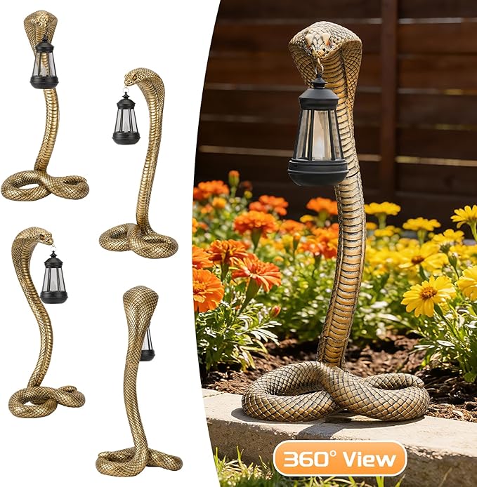 Garden Outdoor Statues 19.89'' Snake with Solar Lantern,Lawn Decor Statue for Patio, Balcony, Yard Ornament, Unique Housewarming and Birthdays Gifts for Father Grandpa Men