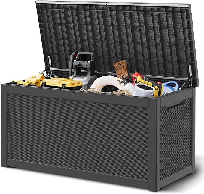 Outdoor Storage Box, 320 Gallon Resin Deck Boxes Outdoor Waterproof For Patio Furniture, Garden Tools, Pool Supplies, Lockable And UV Resistant (Rattan Black)