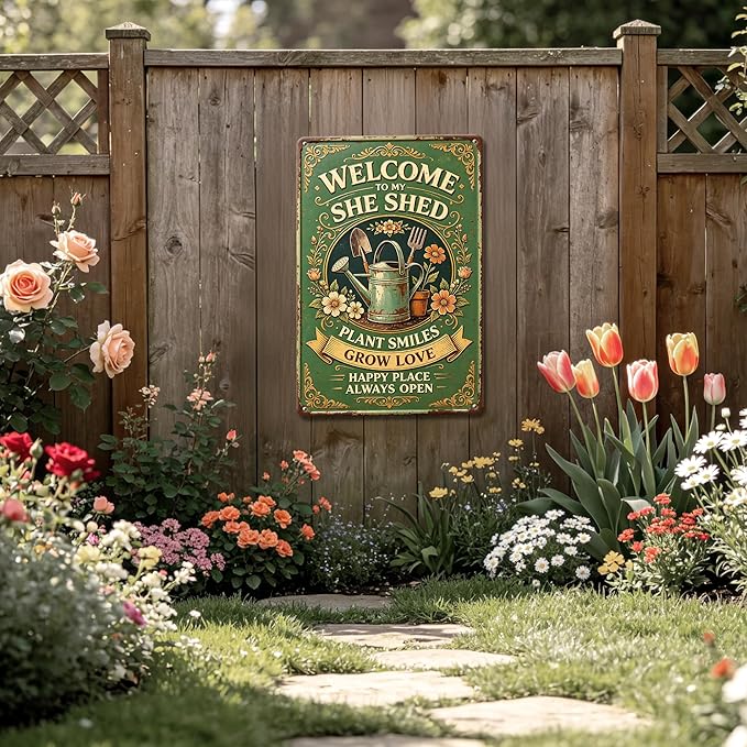 2D Flat Funny Garden Signs, Welcome to My She Shed Vintage Garden Decor, Outdoor Wall Decor for Patio Yard Greenhouse Home, Waterproof Garden Gifts 8x12 Inch