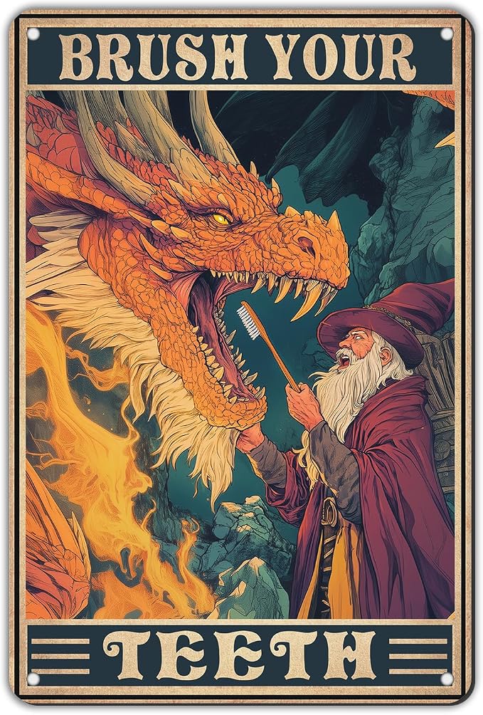 Metal Dragon Tin Signs Brush Your Teeth Retro Vintage Sign Funny Bathroom Wall Decor for Toilet for Bathroom Door Restroom 8x12Inch