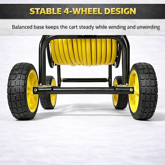 Heavy Duty Hose Reel Cart, Commercial Hose Reel with Wheels, Outdoor Water Hose Cart for Backyard, Farm & Ranch, or Contractor Use, Metal Hose Carts (4-Wheel, 400ft Capacity)