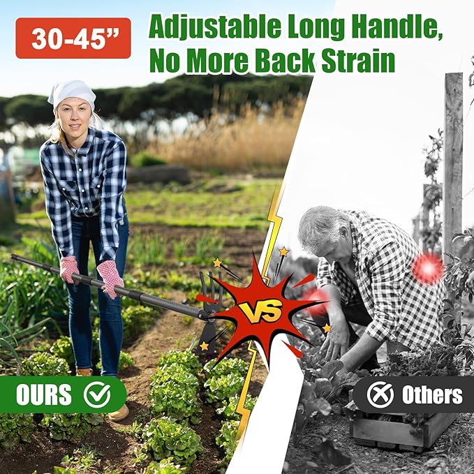 Heavy Duty 2-In-1 Garden Hoe with 3 Tine Cultivator Rake, Carbon Steel Sharp Weeding Tool with 45"Adjustable Handle For Weed Removal & Soil Loosening In Raised Beds, Flower & Vegetable Gardens