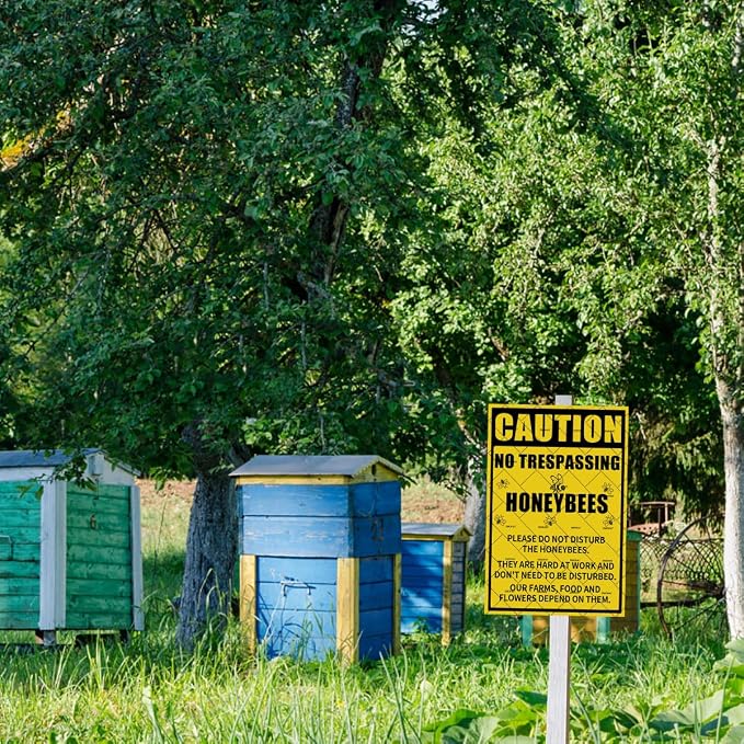 EMOHAT Caution No Trespassing Honeybees Metal Tin Sign, Honeybees at Work Warning Sign for Garden Farm Orchard, 16x12 Inch Rustic Novelty Decor for Garage Home Outdoor
