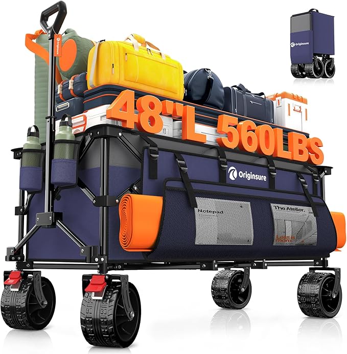 Originsure 48" L Collapsible Wagon Cart Foldable, 560lbs Weight Capacity 300L Heavy Duty Folding Beach Wagons with Big All-Terrain Wheels, Utility Carts for Groceries, Camping, Sports - Grey&Purple