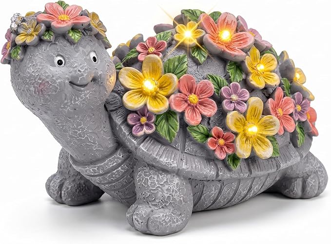 Solar Turtle Statues Garden Decor - Cute Turtle Figurine with Flowers Solar Lights, Tortoise Statue for Outdoor Yard, Lawn, Patio Decoration - Birthday Gifts for Mom Grandma Women