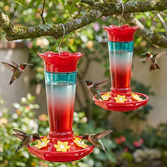 Gbekery Glass Hummingbird Feeders for Outdoors Hanging Ant and Bee Proof Red & Blue 10OZ 2Pack Bird Feeders for Outside Hanging 6 Feeding Stations Bird Nectar Feeder for Garden Yard Décor Gift for Mom