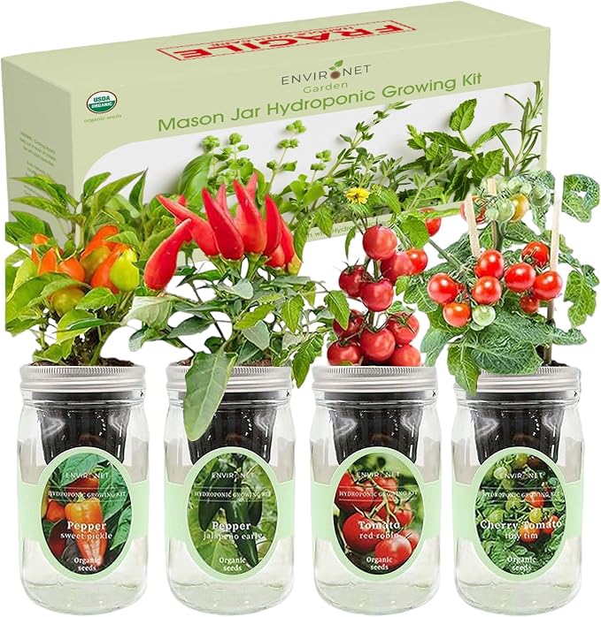 Hydroponic Herb Growing Kit Set, Self-Watering Mason Jar Herb Garden Starter Kit Indoor, Grow 4 Kinds of Herbs from Seeds (2 Tomato & 2 Pepper)