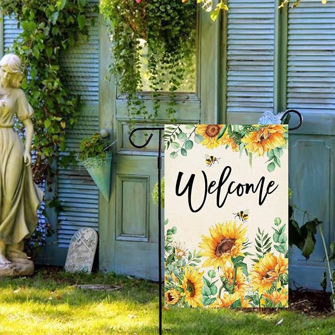 Baccessor Sunflower Garden Flag Spring SummerBee Eucalyptus Leaves Welcome Flag 12.5 x 18 Inch Double Sided Burlap Yard Small Flag for Outside Decor