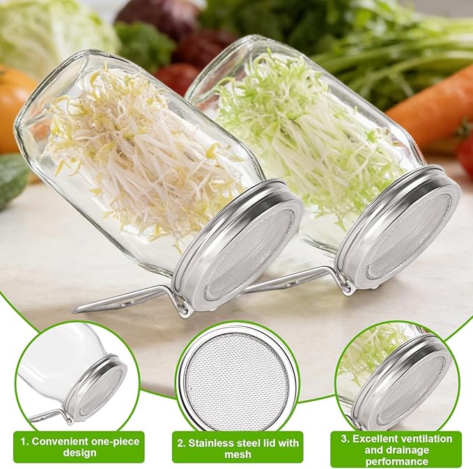 4pcs Sprouting Lids for Wide Mouth Mason Jars, Reusable Stainless Steel Sprout Growing Lid with Stand & Fine Mesh for Organic Alfalfa Broccoli Mung Bean Germination