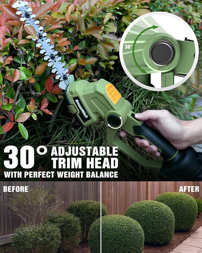 Breeze Touch 21V Hedge Trimmer Cordless with Battery and Charger, 2-in-1 Bush Trimmer Cordless & Grass Shear, Handheld Electric Hedge Trimmers with 4.5"/8.5" Blades for Garden & Lawn