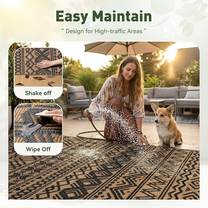 MontVoo Outdoor Rug Carpet Waterproof 6x9 Outdoor Patio Rug Mat Reverisble Plastic Straw Outdoor Rug for RV Camping Picnic Beach Balcony Boho Black Brown