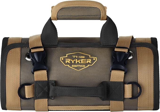 The Ryker Roll Up Tool Bag Organizer Heavy Duty Motorcycle Tool Roll Bag Organizer. Portable Rollup Toolbag w/Detachable Pouches - Tools Bags Mens gifts for him/Mechanic (Khaki+Black)