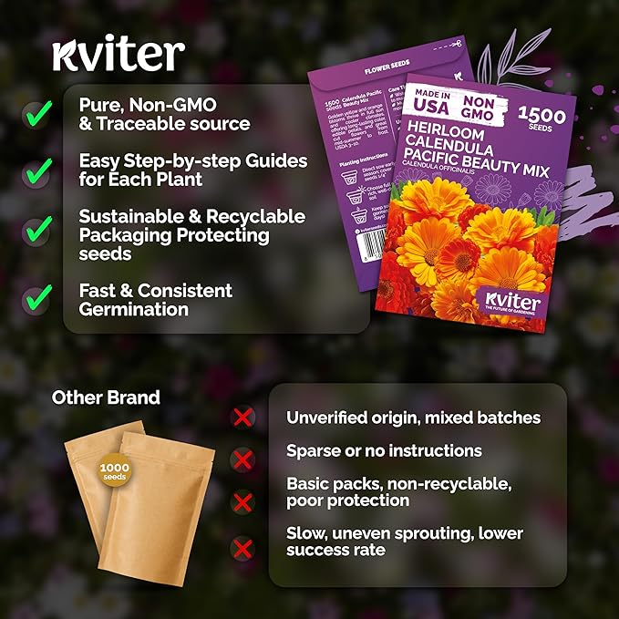 KVITER 1500 Mix Pacific Beauty Calendula Seeds (Calendula Officinalis) - Pot Marigold, Heirloom and Non GMO - Annual Flower Seeds in Seed Packets for Outdoor and Indoor Garden, Containers, Cut Flowers