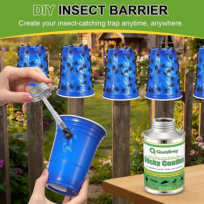 Qualirey 8 oz Tangle Trap Sticky Coating with Brush and 12 Plastic Trap Cups, DIY Insect Adhesive Barrier Coating for Lanternflies & Deerflies, Outdoor Guard for Trees, Plants, Gardens & Orchards
