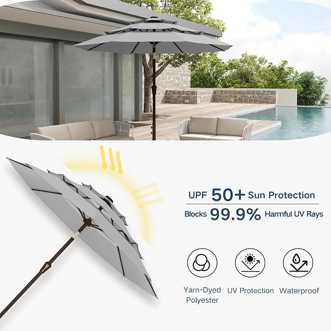 10FT Patio Umbrella 3 Tiers Outdoor Market Umbrella w/Push Button Tilt, Crank, UV and Waterproof Table Umbrella for Garden, Pool, Backyard, Deck, Lawn, Light Gray