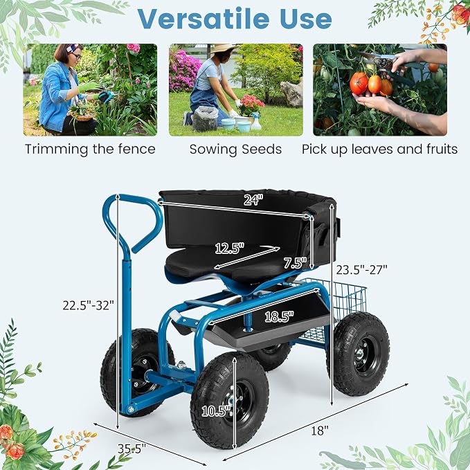 Garden Cart with Seat, Heavy-Duty Rolling Wagon Scooter with Wheels, Height Adjustable & 360° Swivel Seat, Storage Tray, Basket & Handle, Outdoor Gardening Work Seat for Patio Yard(Blue)