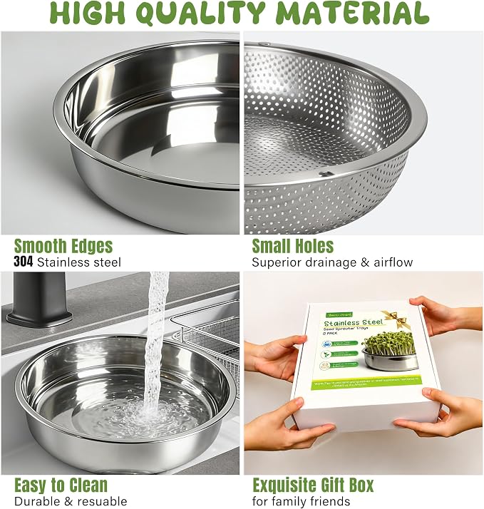 2 Pack 304 Stainless Steel Seed Sprouter Trays, 2-Tier Soil-Free Microgreens Growing Kit, Rust-Free Round Sprouting Tray with Mesh Pads for Sprouts Beans Alfalfa Wheatgrass
