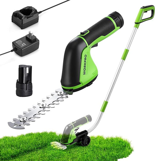 WORKPRO 12V Cordless Grass Shear, 2-in-1 Electric Hedge Trimmer & Grass Cutter, with 37’’ Wheeled Extension Pole, 2.0Ah Battery, 1-Hour Fast Charger, Lightweight Bush Trimmer for Lawn and Garden