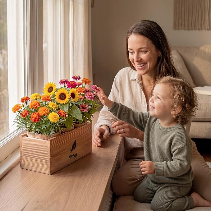 AVERGO Sunflower, Marigold & Zinnia Flower Seeds Growing Kit | Complete Indoor & Outdoor Kit with Seeds for Planting, Planters, Soil, Tools, Instructions