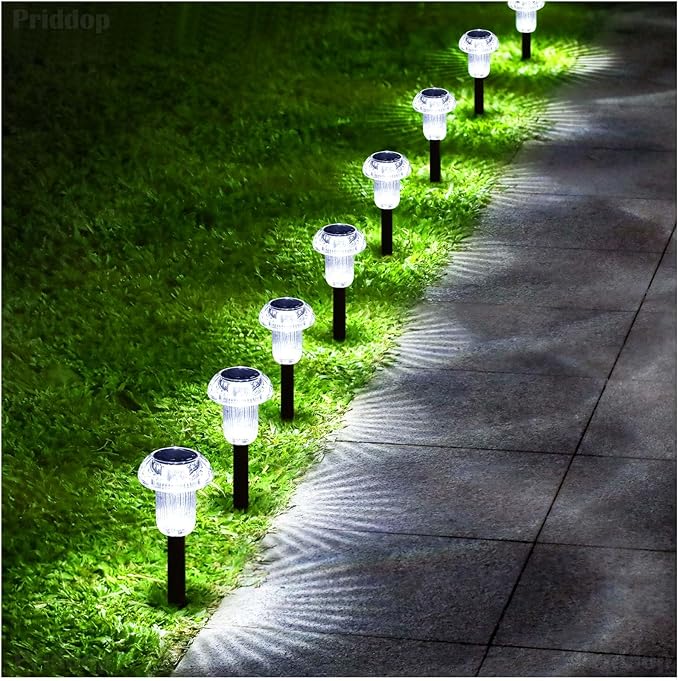 Priddop Solar Lights Outdoor Waterproof 8Pack 6000K Cold White LED Mushroom | Yard Pathway Garden Decorative Outside Landscape Path Lighting Patio Flowerbed Walkway Ground Pattern Acrylic Head ABS Stake