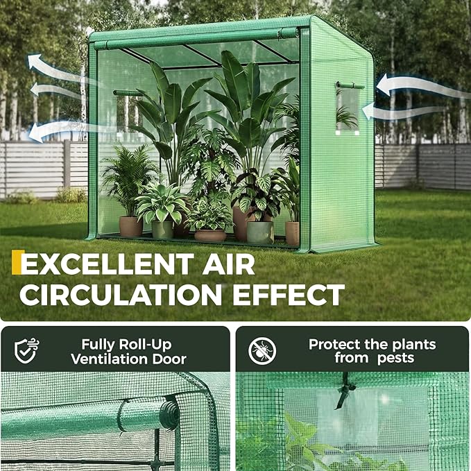 Gentingbro Mini Greenhouse Walk-in Greenhouse w/PE Cover 4 Wind Ropes & Ground Stakes Roll-up Zipper Door Double-Layer Screen Windows Portable Small Greenhouses for Outdoors 79 x 31 x 59-Inch