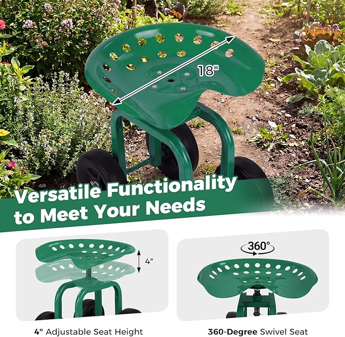 Rolling Garden Seat, Garden Cart with 360° Swivel Work Seat & Adjustable Height, Heavy Duty Garden Seat with Wheels for Lawn Yard Patio Greenhouse Planting Cleaning (Green)