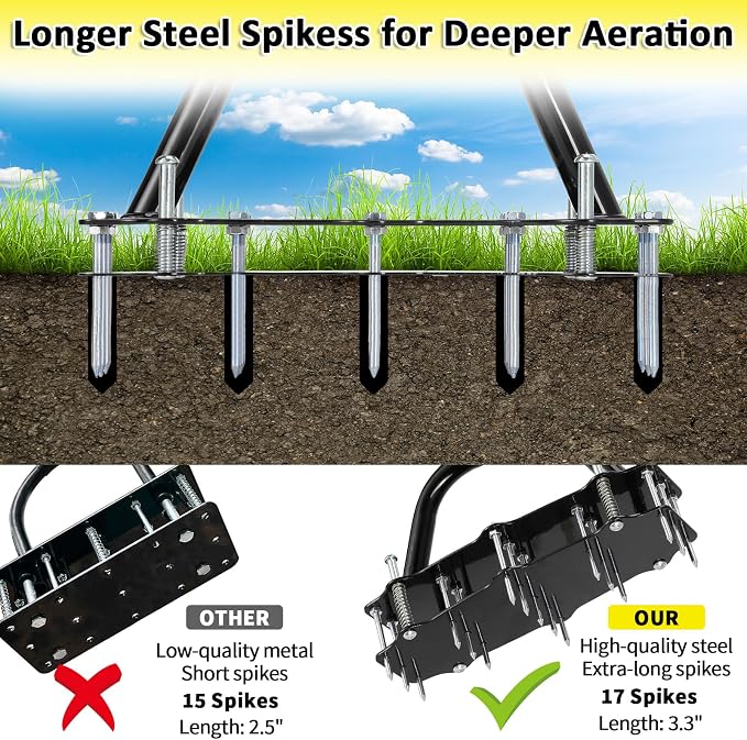 Manual Lawn Aerator Tool, Automatic Dirt Clean Lawn Aerator with 17 Spikes and Extended T-Handle, Easy-to-Assemble Aerator Lawn Tool with Gloves, Yard and Grass Aerator for Soil Loosening