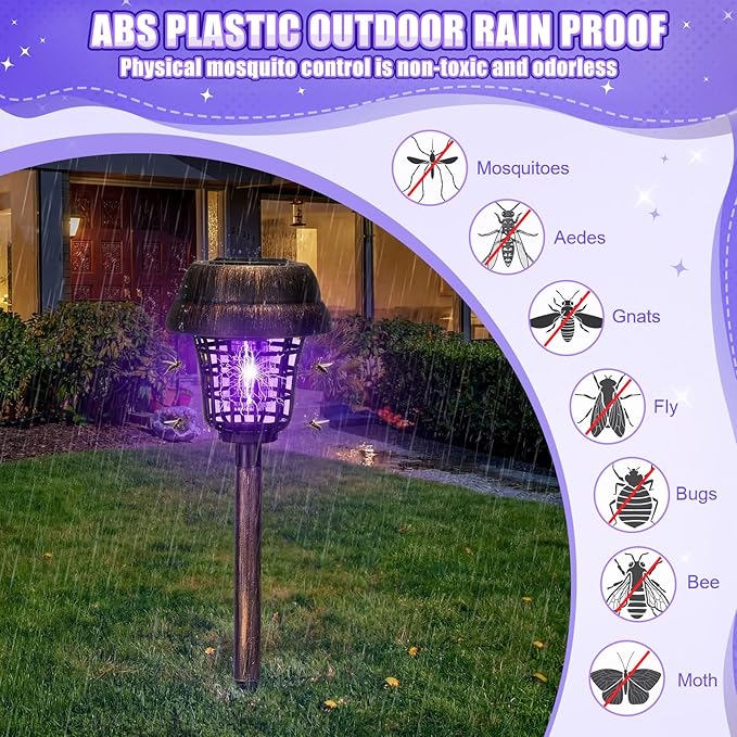 Qualirey 12 Pcs Solar Mosquito Zapper Outdoor Waterproof Solar Powered Bug Zapper Outdoor Mosquito Killer Lamp Trap Repellent Light for Garden Yard Insect (Purple and Warm Light,Bronze)