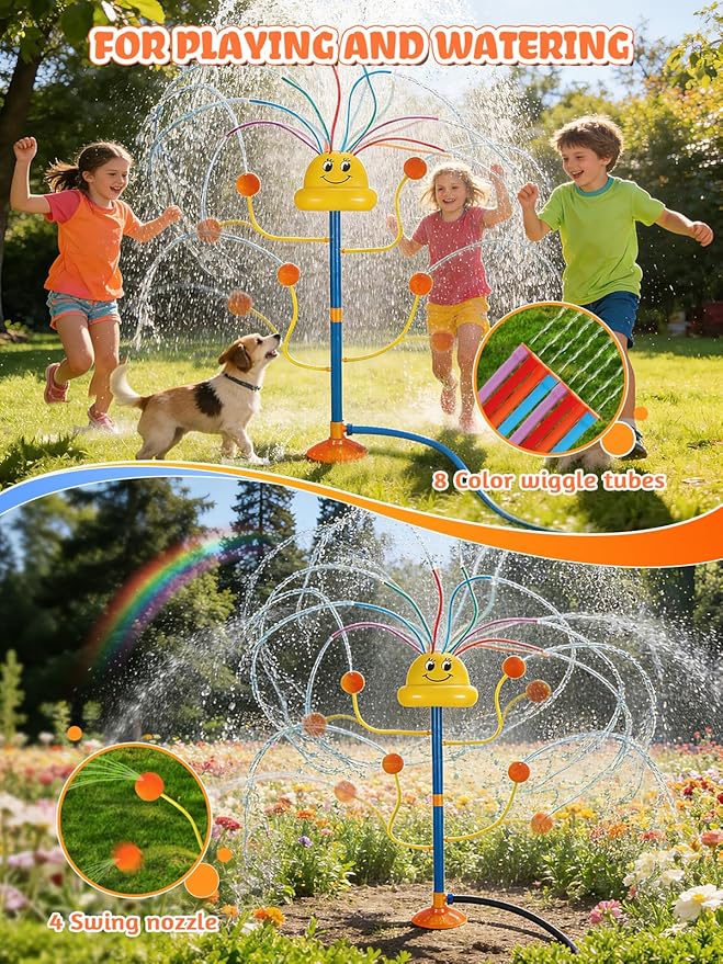 VATOS Water Sprinkler Outdoor Yard Toy for Kids, Smile Face Rainbow Splash Toy with 8 Wiggle Tubes 4 Nozzle, Backyard Lawn Water Sprinkler, Summer Family Games, Fun Water Toys for Kids 3-8 Boy Girl