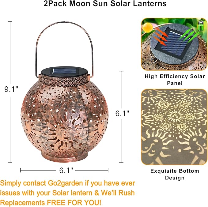 Go2garden Gifts 2Pack Solar Lanterns Outdoor Waterproof Mothers Day Gifts for Mom Moon Star Sun Solar Lights for Balcony, Yard,Birthday Gifts for Women Grandma Wife (Bronze)