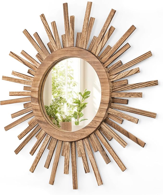 24 Inch Boho Sunburst Mirror, Round Wooden Wall Decor Starburst Sun Mirror for Bedroom, Living Room, Bathroom, Hallway, Balcony, Farmhouse Entryway, Housewarming Gift（Rustic Brown