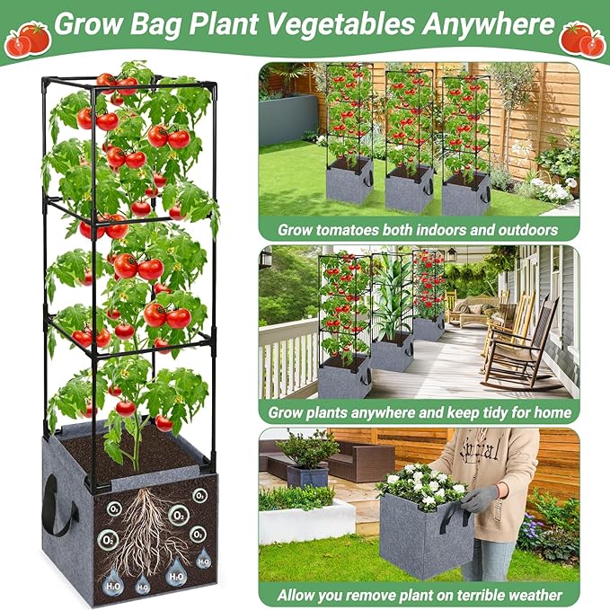 2 Pack Square Tomato Cages with Grow Bags, 42.5 Inch Stable Square Tomato Planter Support Stakes Kit for Garden, Tomato Cages Trellis Pots for Spring Climbing Vertical Plants Vegetables Fruits Vines
