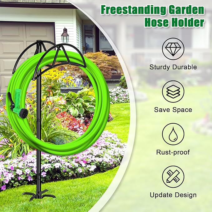 Gtongoko Garden Hose Holder for Outside 47" Heavy Duty Freestanding Water Hose Holder with 5 Stable Spikes Metal Hose Stand Holds Up to 150FT Hose & 49LB Detachable Hose Storage for Yard Lawn Patio