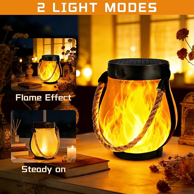 2 Pack Solar Lanterns Outdoor Waterproof, Flickering Flame Hanging Lanterns Decorative Outdoor with 2 Modes, Dual Charging USB & Solar-Powered Outdoors Lantern for Porch Yard Patio Tree Garden Decor
