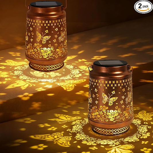 2 Pack Butterfly Solar Lanterns Outdoor Waterproof, Garden Decor Birthday Gifts for Women Mom Grandma Sister, Metal Hanging Solar Lights Outside Decorative for Backyard Patio Lawn Pathway Landscape