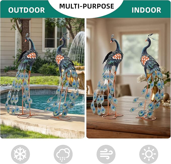 36" Oversized Peacock Decor Set of 2, Hand-Painted Metal Yard Art, Weatherproof Outdoor Garden Statues & Sculptures for Lawn, Flower Beds, Patio, Backyard or Indoor Kitchen & Home Decor