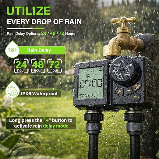 MIXC Drip Irrigation System with Timer,1/4" 100Ft Automatic Garden Watering Kit with 16pcs 360°Adjustable Brass Nozzles & Bendable Rod,for Outdoor Plants,Lawn,Raised Bed,Potted Plant,Yard,Greenhouse