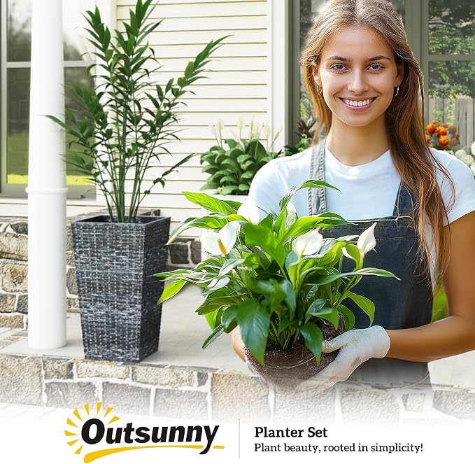 Outsunny Tall Planters for Outdoor Plants Set of 3, 24 in Taper Planters with Drainage Holes, Rattan Decor Plant Pots for Indoor Outdoor Front Porch Patio Backyard, Gray
