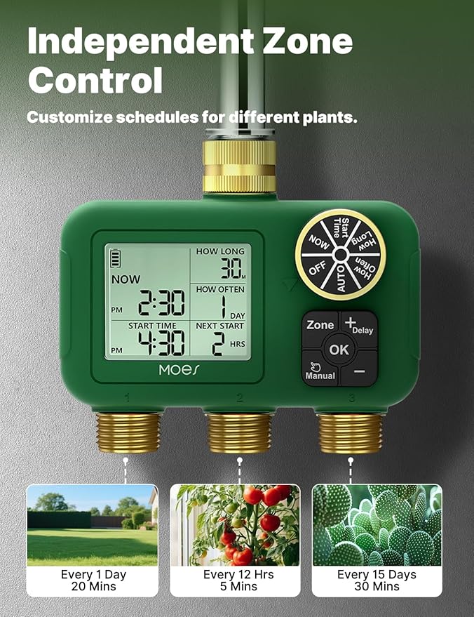 MOES 3 Zone Water Timer for Garden Hose, 3/4 in Brass Inlet and Outlets, Battery Operated Sprinkler Timer, 3 Outlet Faucet Valve, Sequential Watering, Rain Delay, Non-WiFi