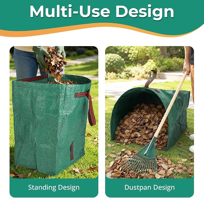 2 Pack 53 Gallon Reusable Yard Waste Bags, Dustpan-Type Leaf Collector Bag, Collapsible Heavy Duty Leaf Bags, Standable Garden Waste Bags for Collecting Leaves, Lawn Grass, Clippings and Branches