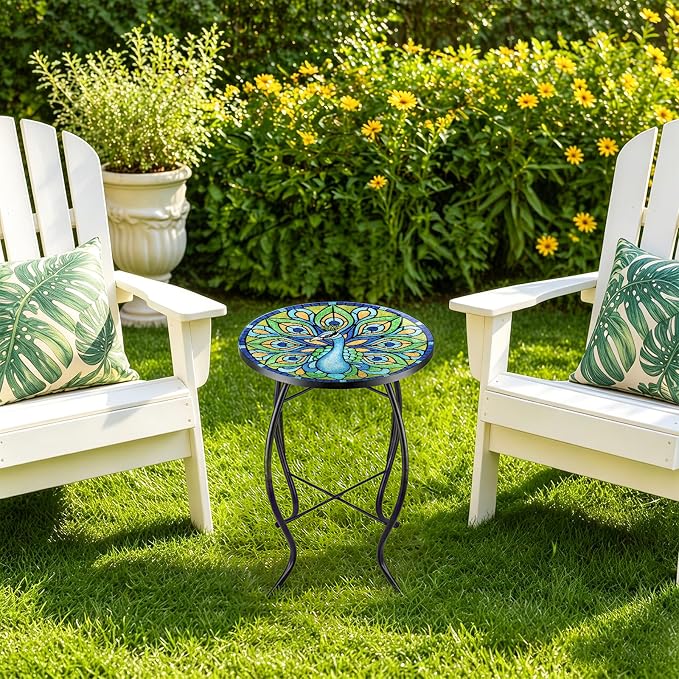 MUMTOP Outdoor Side Table - Small Mosaic Patio Tables, 14” Round Accent End Coffee Glass Plant Stand for Garden Living Room(Peacock)