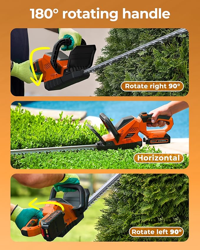20'' Hedge Trimmer Cordless, 3000RPM Electric Handheld Bush Trimmer with 2 x 2.0Ah Batteries, 180° Rotatable Head, Lightweight and 2/3'' Blade Gap for Garden Yard,Gifts for Father’s Day