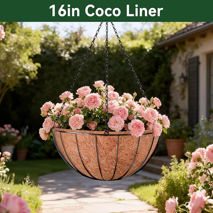 ZeeDix 16 Inch Coco Liners for Hanging Baskets, 3 Pack Round Coco Liner 100% Natural Coco Fiber Coconut Liners for Planters Flowers Vegetables